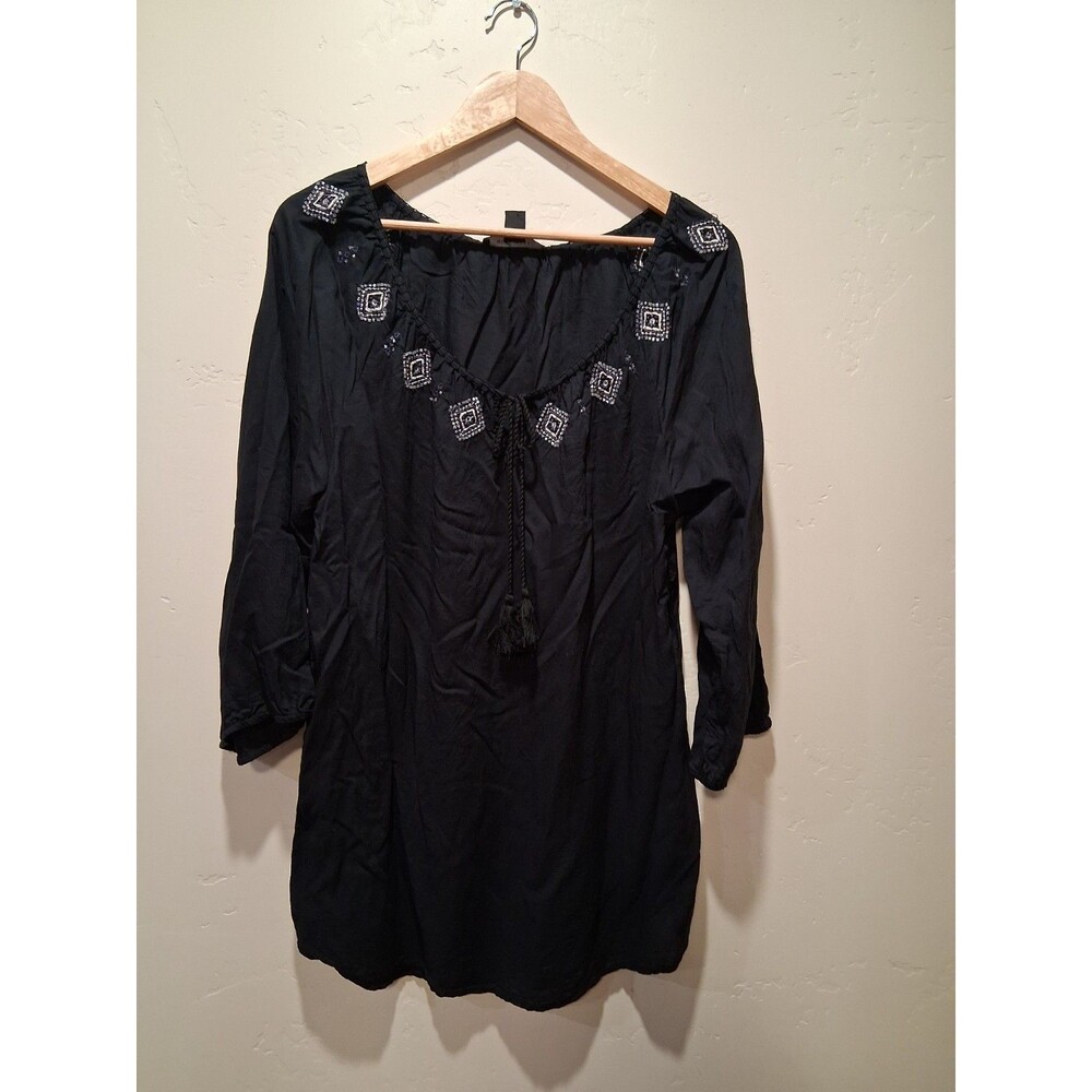 Nine West Wmns L Black Embroidered Split Neck Tassel Tunic Top Boho Cottagecore